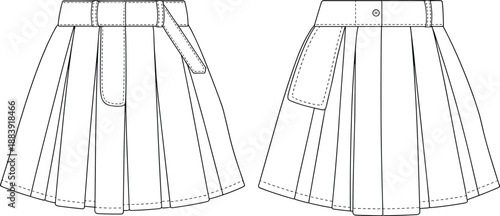 Pleated skirt CAD drawing, technical flat vector illustration with flap detail, fashion design template, clothing pattern sketch, apparel front and back outline