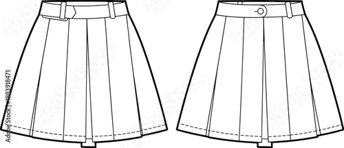 Pleated skirt CAD drawing, technical flat vector illustration, fashion design template, apparel sketch, skirt front and back detailed outline