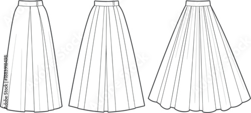 Pleated skirt fashion design, women long skirt CAD flat sketch, vector illustration of flared skirt pattern for apparel designers