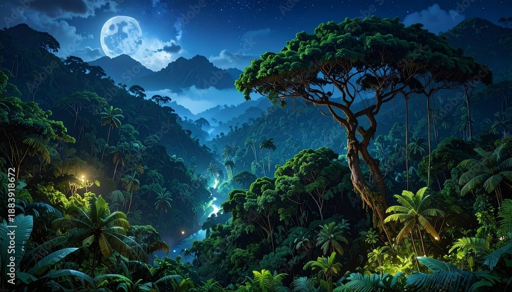 Obraz premium Majestic Moonlit Jungle with Glowing Fireflies and Ancient Tree in Misty Tropical Forest
