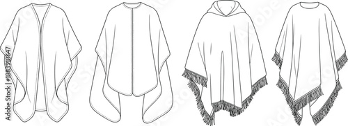 Poncho cape fashion design, women outerwear CAD flat sketch, vector illustration of fringe poncho and cloak template for designers