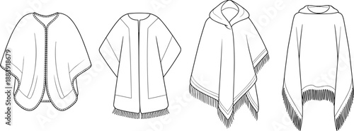 Poncho and cape fashion design, women outerwear CAD flat sketch, vector illustration with fringe details and hooded poncho template