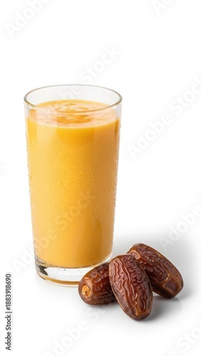 Orange mango smoothie glass with dates on side