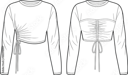 Ruched top fashion design, women long sleeve crop top CAD flat sketch, vector illustration with drawstring detail for apparel designers