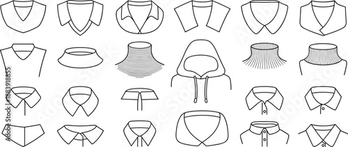 Set of collars and hoods garment construction fashion flat sheet technical template sewing outline apparel development pack cad drawing flat vector illustration