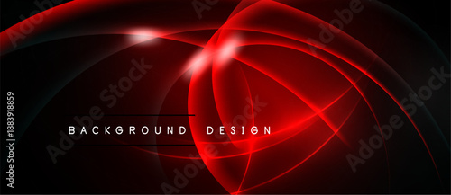 Abstract red lines create dynamic glowing shapes. Dark background emphasizes bright curves, modern design element.