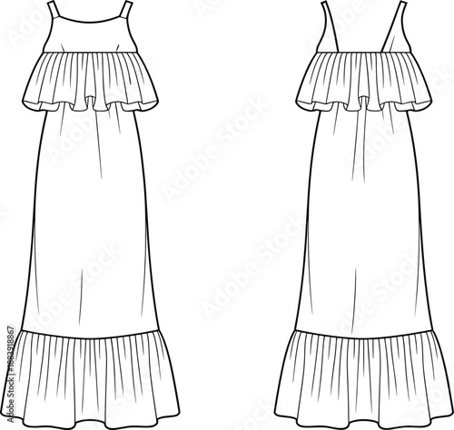 Ruffle tier maxi dress flat sketch, front and back technical fashion CAD, sleeveless strap summer dress with gathered flounce, sewing line vector