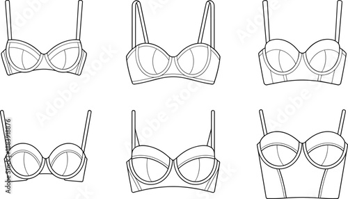 Set of lingerie bra bustier cup sewing template technical fashion garment pattern mockup flat sheet apparel development pack cad drawing flat vector illustration