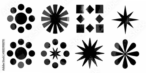 Abstract arrangement of geometric black and white shapes in a grid pattern