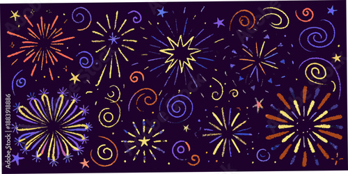 Colorful fireworks display with swirling patterns against a dark purple background