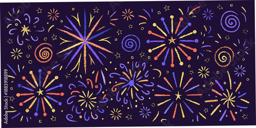 Colorful abstract fireworks pattern on a dark purple background artistic illustration