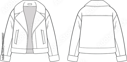 Shearling biker jacket flat sketch front and back view, winter fashion outerwear technical drawing, stylish coat template, CAD drawing flat vector illustration