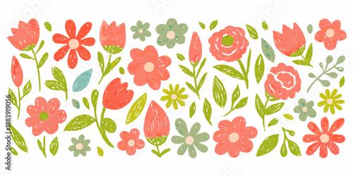 A charming collection of colorful hand drawn floral illustrations on a white background