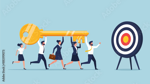 A team of five business people run together, collaboratively carrying a giant golden key towards a large target in a flat illustration style