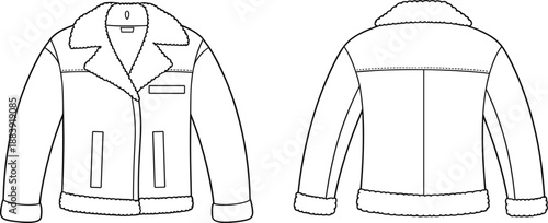 Shearling jacket flat sketch front and back view, winter outerwear fashion technical drawing, detailed coat template, CAD drawing flat vector illustration