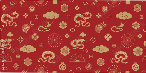 Traditional chinese pattern with dragons clouds and floral motifs on red background