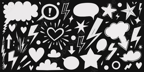 A collection of comic book speech bubbles stars hearts and lightning bolts