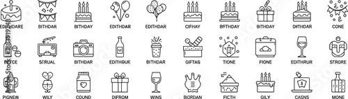 Black line of birthday and symbols on white black line birthday cake candles balloons gift