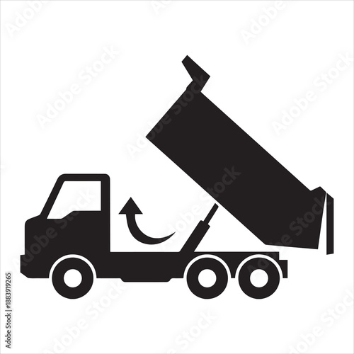 A minimalist black silhouette vector illustration of a tipper truck with elevated bed and arrow indicating dumping on a white background