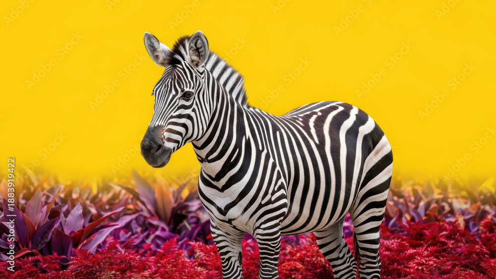 Fototapeta premium Zebra standing on vibrant foliage against a yellow background