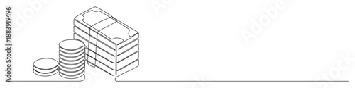 Continuous one line stack of paper money and coins drawing vector. Ideal for wealth savings, banking logos, and minimalist finance art.