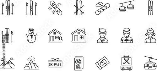 Ski resort including skis snowman house people mountains ski poles