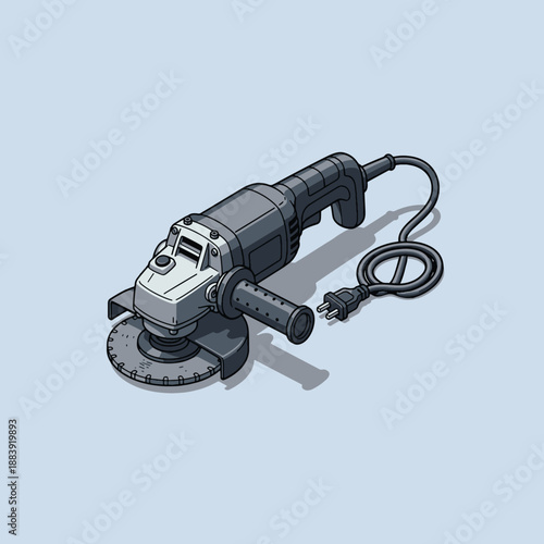 Electric Angle Grinder Power Tool with Disc and Power Cord Vector. perfect for industrial equipment catalogs, hardware store branding, construction manuals, and DIY workshop icons.
