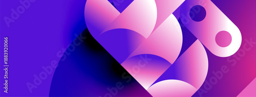 Abstract shapes blend purple, pink hues. Smooth gradients create dynamic composition, modern feel. Minimalist design evokes energy, movement.