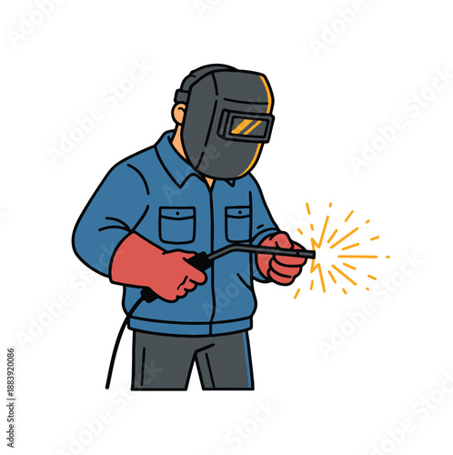 Simple Flat Art Welder Icon Wearing Blue Uniform and Welding Mask. Perfect for industrial logos, construction branding, and vocational training materials.