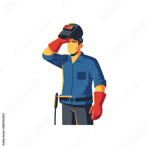  Male Metalworker Mascot in Blue Uniform Wiping Forehead Vector Illustration.

