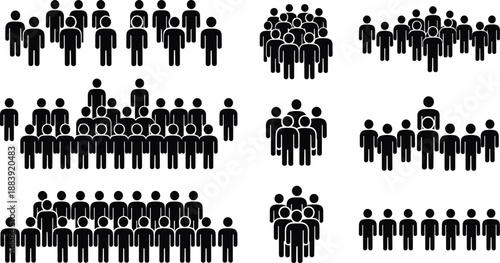 People group icon set vector, crowd silhouettes collection, team and community symbols, black pictogram illustration, society concept design