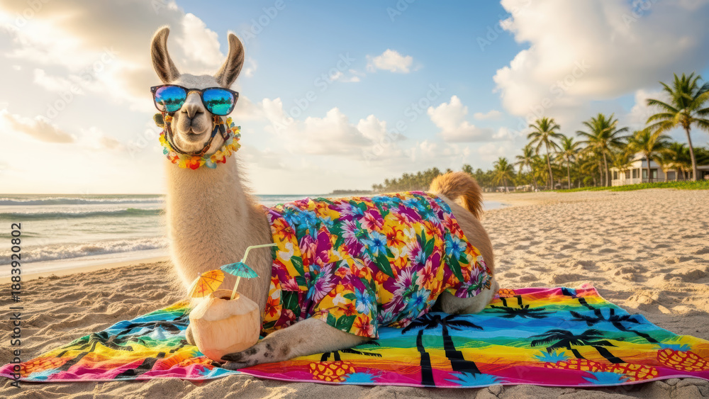 Fototapeta premium Camelid enjoying vacation by the beach with a drink