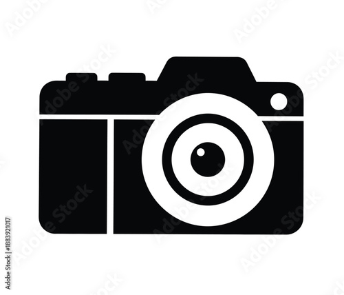 A simple black and white graphic icon representing a vintage camera with lens detail isolated on transparent background