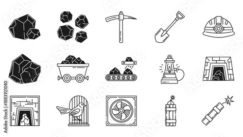 Mining icons set with coal, tools, and industrial equipment