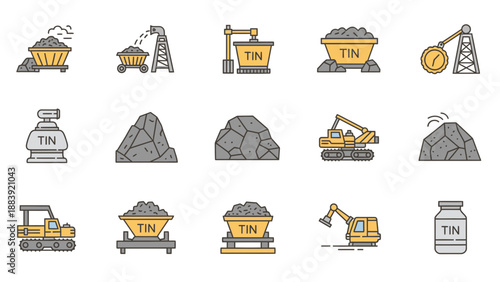 Mining industry icons set with excavators and tin ore