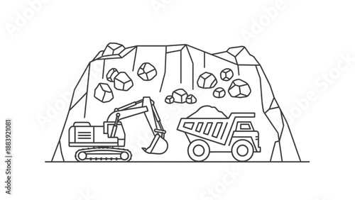 Mining operation with excavator and dump truck in quarry