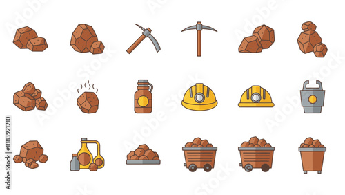 Mining industry icons set with coal rocks and tools