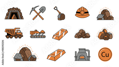 Mining industry icons set with copper ore and equipment