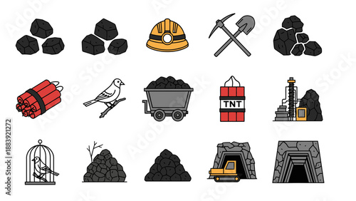 Mining industry icons set with coal, tools, and machinery