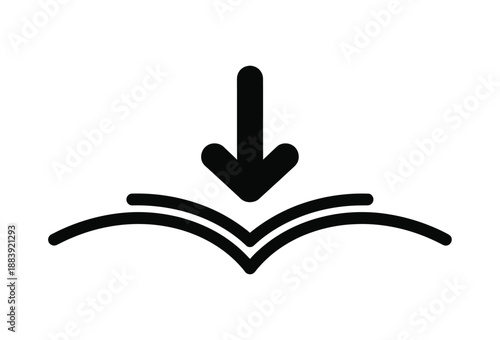 Vector graphic symbol representing a down arrow pointing towards an open book icon isolated on transparent background