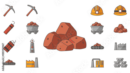 Mining industry icons set with coal rocks and equipment