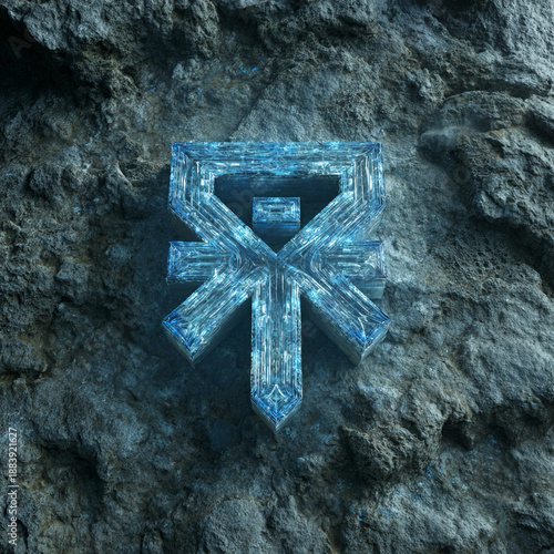 Rune-style abstract typographic emblem glowing icy blue etched into rock fractal similarity composition surrealistic logo created purely fresh people free.