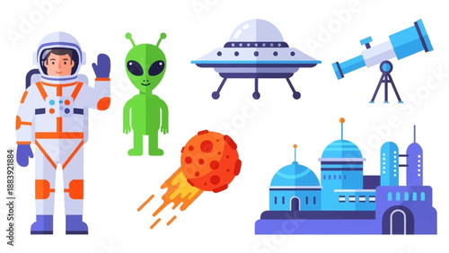 A colorful illustration of a space scene with an astronaut, alien, and various celestial objects.