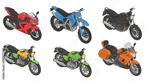 A collection of colorful motorcycles on a white background