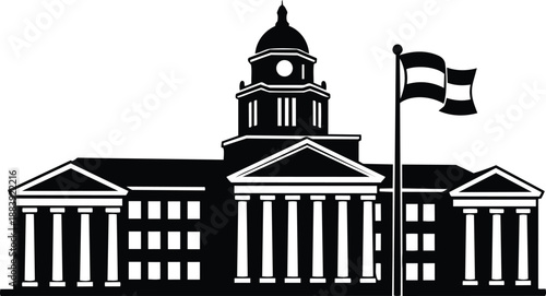 Government building with columns and clock tower, flag flying high, civic architecture, public building, city hall, town hall, municipal building, government office, civic building