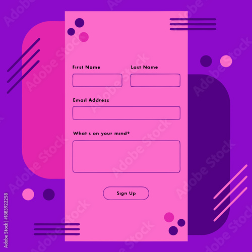 A digital form template with empty fields and a sign-up button displayed on a vibrant pink background with abstract shapes