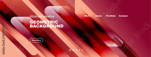 Dynamic geometric background. Red, orange hues blend. Website header includes navigation options, button. Modern design elements present.