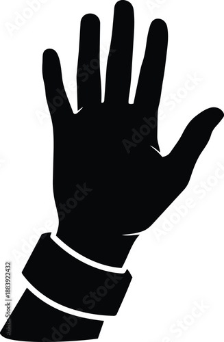 black hand with palm facing outward and fingers spread apart hand