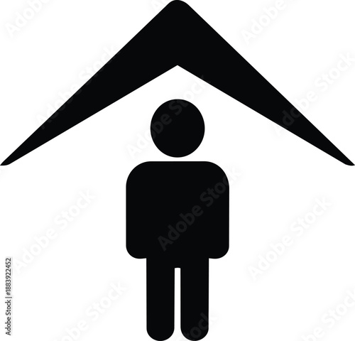 Simple black silhouette of a person under a roof symbolizing shelter or protection