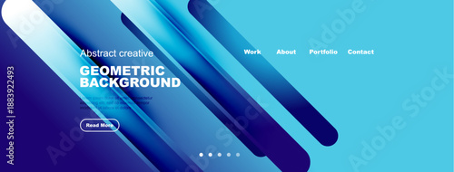 Modern website header design. Blue gradients, geometric shapes, text overlays present professional look. Navigation visible.